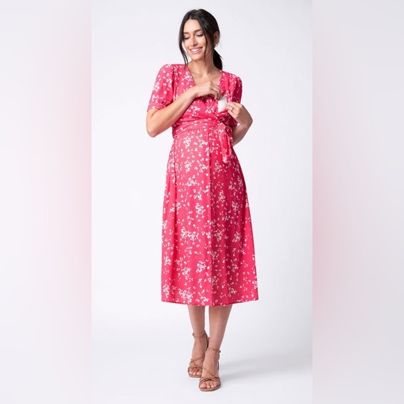 Seraphine Women's 8 Raspberry Sanna Maternity Nursing Midi Dress Viscose Floral - Picture 15 of 16